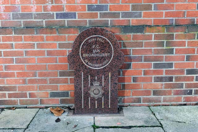 The police memorial of PC Ian Broadhurst on Dib Lane, Leeds