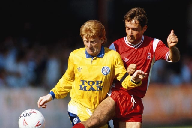 Gordon Strachan is challenged by Bournemouth's Shaun Brooks during the Second Division clash at Dean Court in May 5, 1990. Leeds won 1-0 to win the title and promotion.