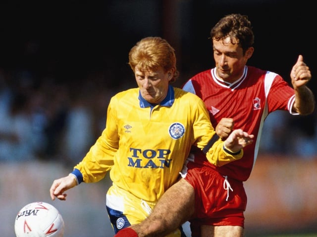 Gordon Strachan is challenged by Bournemouth's Shaun Brooks during the Second Division clash at Dean Court in May 5, 1990. Leeds won 1-0 to win the title and promotion.