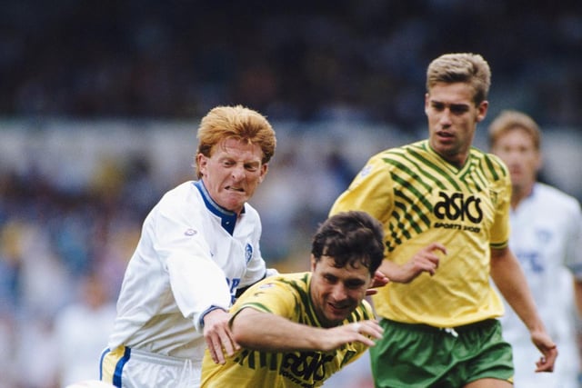 A snarling Gordon Strachan challenges Norwich City defender Mark Bowen during a League Division One clash in August 1990.