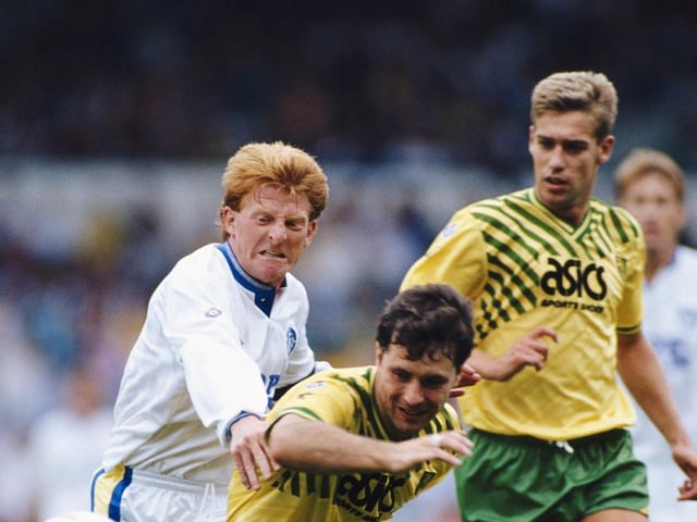 A snarling Gordon Strachan challenges Norwich City defender Mark Bowen during a League Division One clash in August 1990.