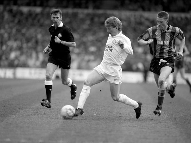 Gordon Strachan in action against Bradford City at Elland Road in April 1990.