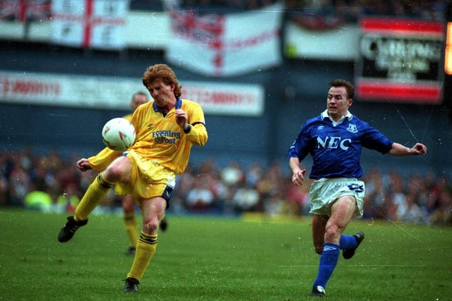 Gordon Strachan controls the ball as Everton's Adrian Heath comes in to challenge during the Division One clash at Goodison Park in February 1992. The game finished 1-1.