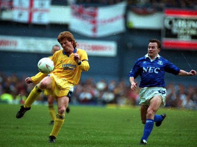Gordon Strachan controls the ball as Everton's Adrian Heath comes in to challenge during the Division One clash at Goodison Park in February 1992. The game finished 1-1.