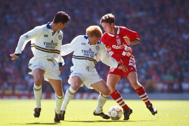 Gordon Strachan attempts to stop Liverpool's Steve McManaman during the Premier League clash at Anfield in August 1993.