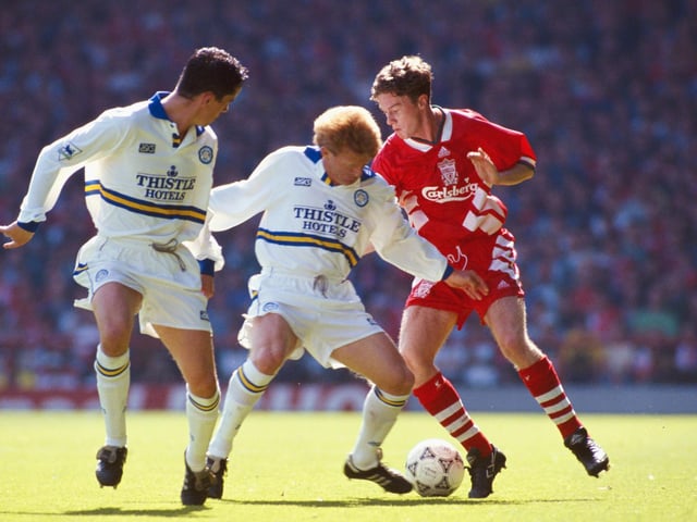 Gordon Strachan attempts to stop Liverpool's Steve McManaman during the Premier League clash at Anfield in August 1993.