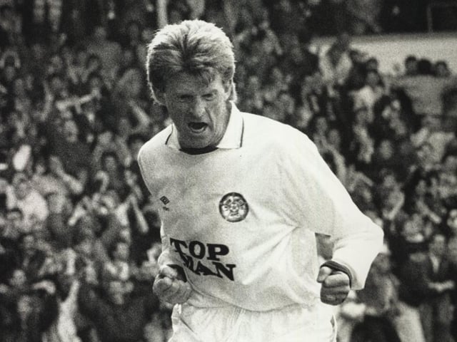 Gordon Strachan celebrates scoring against Leicester City at Elland Road in 1990.