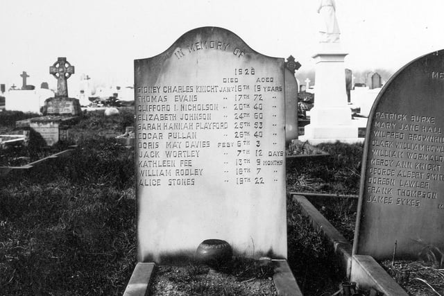 Gravestones in Harehills cemetery pictured in March 1939. Sidney Charles Knight, Thomas Evans, Clifford I Nicholson, Elizabeth Johnson, Sarah Hannah Playford, Edgar Pullan, Doris May Davies, Jack Wortley, Kathleen Fee, William Rodley, Alice Stones. All died January 1928.The other stone is undated and commemorates Patrick Burke, Mary Jane Hall, Wilfred Brownhill, William Wormald, Mercy Ann Knight, George Albert Smith, Doreen Lawler, Frank Thompson and James Sykes.