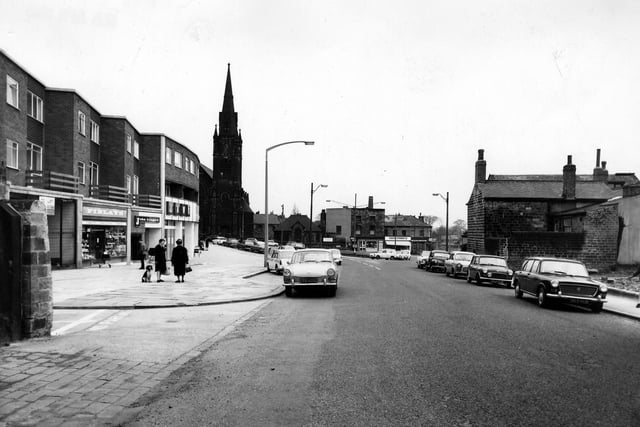 Stainbeck Lane, looking east towards the junction with Harrogate Road in April 1966. Shops on the left include Finlay's tobacconist and confectioner, John Gregory and Laws.
