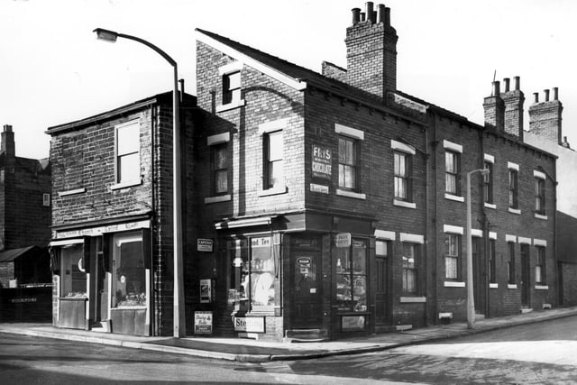 Two shops on Potternewton Lane in March 1967. Back-to-back houses on Blake Grove run to the right edge.