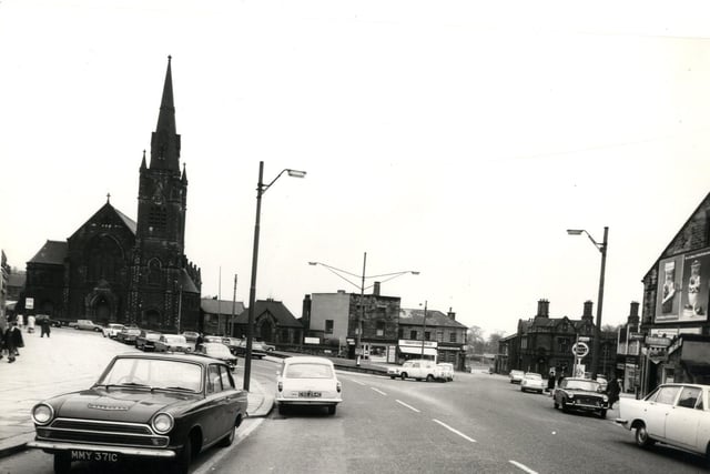 Stainbeck Lane looking towards the junction with Harrogate Road in April 1966. On the left is Chapel Allerton Methodist church. In the centre are Ward butchers, Thrift Stores and the Midland Bank, then beyond the junction with Town Street is the Police Station.