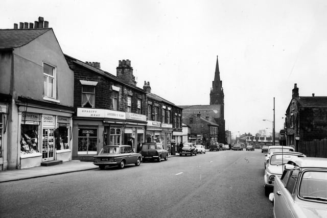 Harrogate Road looking south towards the junction with Stainbeck Lane in April 1966. Shops on the left include Sanders Outfitters, Arthur T. Ward butchers, and J. Atha & Son, plumbing contractors.