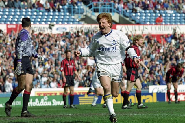 MAKE MINE A TREBLE: Whites star Gordon Strachan struck a hat-trick as Leeds United blitzed newly-promoted Blackburn Rovers 5-2 at Elland Road back in April 1993, pictured above. Picture by Varleys.