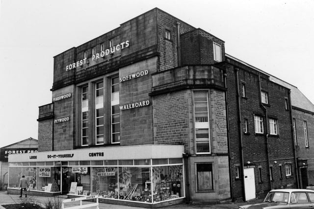 The former premises of the Clifton Cinema on Stanningley Road shown here as the do-it-yourself centre, Forest Products with signs for the sale of hardwood, softwood, plywood and wallboard. PIC: K. S. Wheelan