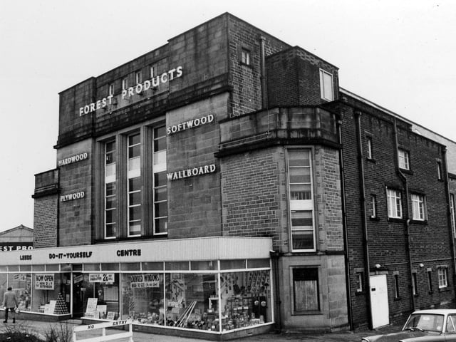 The former premises of the Clifton Cinema on Stanningley Road shown here as the do-it-yourself centre, Forest Products with signs for the sale of hardwood, softwood, plywood and wallboard. P