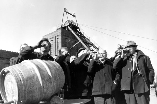 Swillington's Primrose Hill Colliery after closure in March 1970. George Prince, the colliery manager C Shaw and training officer Jack Kielty had a drink with the miners who had worked their last shift. The previous week the pit had broken the record for production. Its closure was marked with barrels of free beer for the miners.