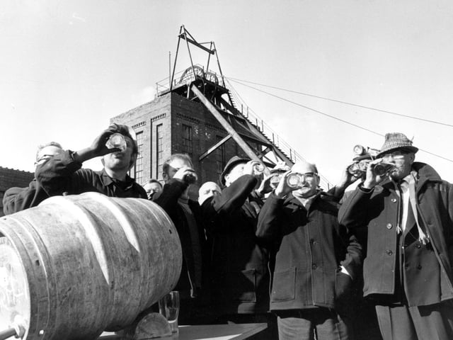 Swillington's Primrose Hill Colliery after closure in March 1970. George Prince, the colliery manager C Shaw and training officer Jack Kielty had a drink with the miners who had worked their last shift. The previous week the pit had broken the record for production. Its closure was marked with barrels of free beer for the miners.