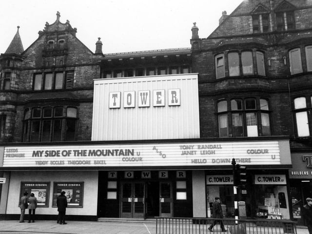 The Tower Cinema on New Briggate. This photo shows advertising for My Side of the Mountain starring Teddy Eccles and Theodore Bikel and 'Hello Down There with Janet Leigh and Tony Randall. The Tower closed as a cinema in 1985 and became a nightclub from 1986.