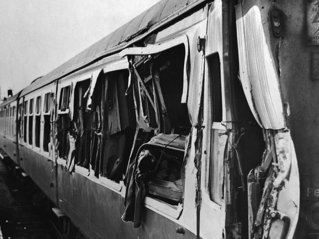 Jagged metal and broken windows - one of the damaged coaches after a train crash in Leeds in June 1970.