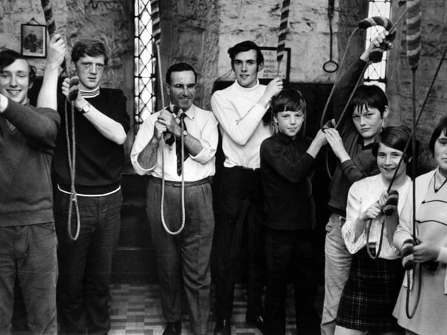The new bell-ringing team at Armley Christ Church in July 1970. Pictured, from left, are Nigel Thornton, Philip Barehead, Edward Lofthouse, Richard Thornton, Michael Tiffany, Stuart Armitage, Denise Rodgers and Sharon Preston.