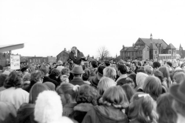 Meeting on Woodhouse Moor of striking workers in February 1970. Five thousand clothing factory workers rejected on the offer of immediate negotiations on their claim if they returned to work.
