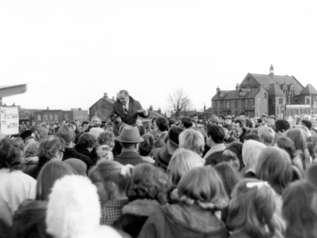 Meeting on Woodhouse Moor of striking workers in February 1970. Five thousand clothing factory workers rejected on the offer of immediate negotiations on their claim if they returned to work.