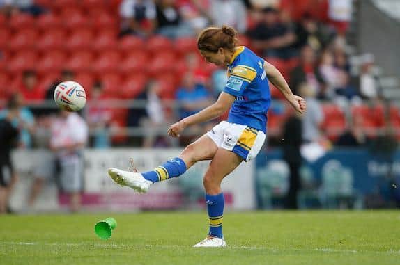 Courtney Winfield-Hill converts Fran Goldthorp's late try to snatch victory for Rhinos at Saints. Picture by Ed Sykes/SWpix.com.