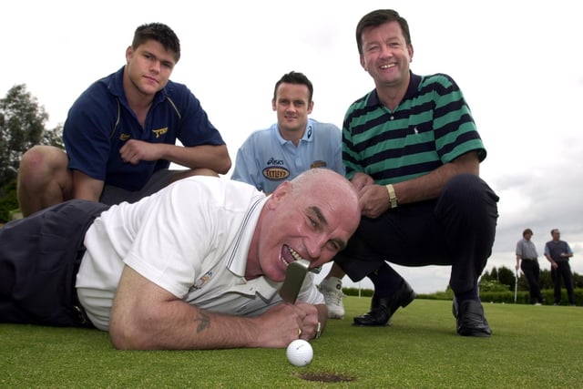 TV pundit Mike Stephenson bites off more than he can chew with Eddie Hemmings, (right) Leeds Rhinos captain Francis Cummins and Leeds Tykes star Tom Palmer at a golf day held at Moor Allerton Golf Club.