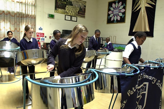 Members of the steel band at St Peter's C of E Primary in Burmantofts which had won a national competition to perform in London.