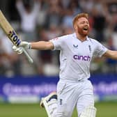 Jonny Bairstow of England celebrates reaching his century. (Photo by Gareth Copley/Getty Images)