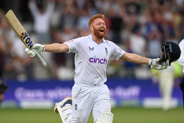 Jonny Bairstow of England celebrates reaching his century. (Photo by Gareth Copley/Getty Images)