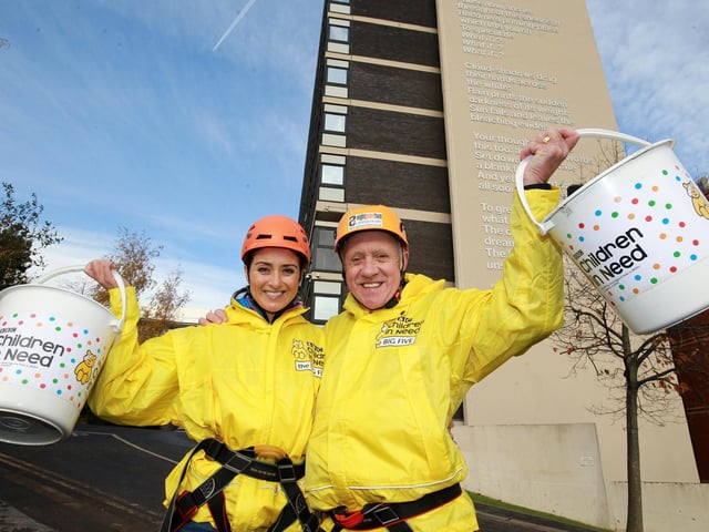 Harry Gration and Amy Garcia abseiled down Sheffield Hallam University's Owen Building as part of a five-stage challenge to raise money for Children in Need in 2016
