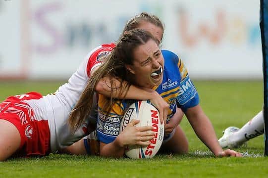 Fran Goldthorp's late try helped Rhinos to a memorable win at Saints. Picture by Ed Sykes/SWpix.com.