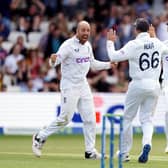 England's Jack Leach celebrates taking the wicket of New Zealand's Michael Bracewell. Picture: PA