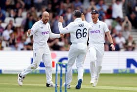 England's Jack Leach celebrates taking the wicket of New Zealand's Michael Bracewell. Picture: PA