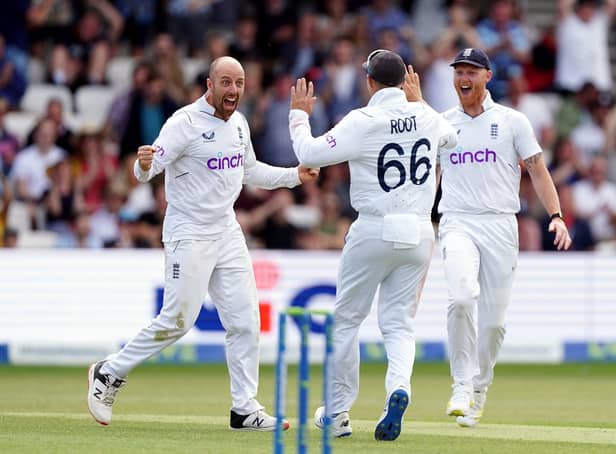 England's Jack Leach celebrates taking the wicket of New Zealand's Michael Bracewell. Picture: PA