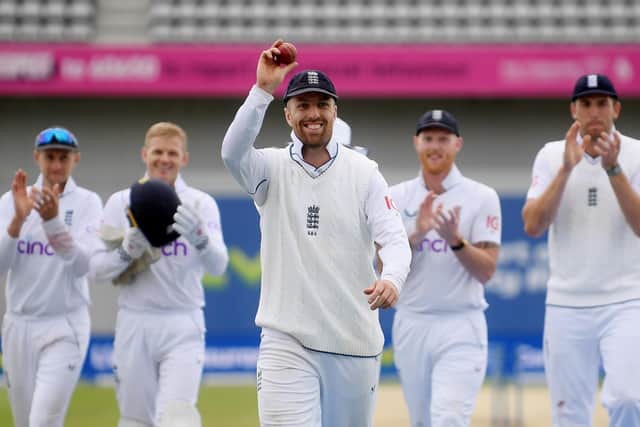 Jack Leach leads England off after taking five wickets in New Zealand's second innings. (Photo by Alex Davidson/Getty Images)