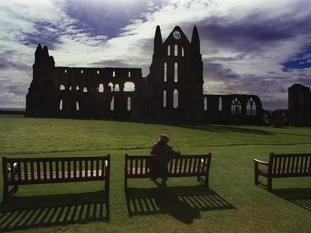 Whitby Abbey landmarks is captured in all its glory as the autumn sunshine shines down on the ruins in September 1998.