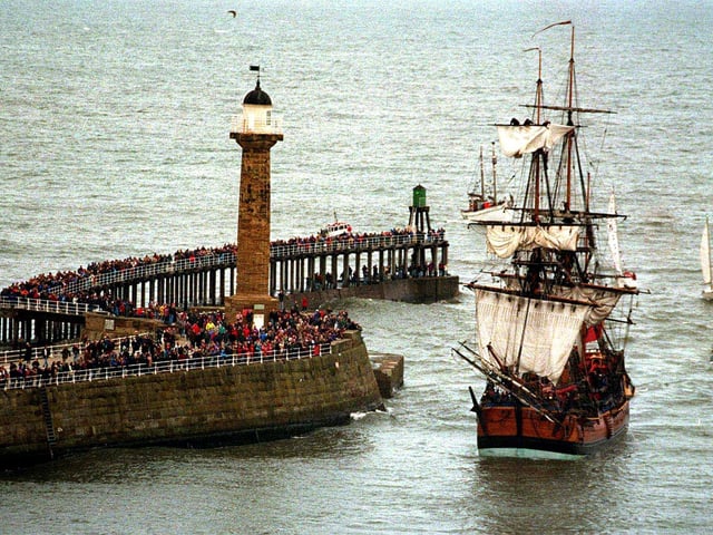 HMS Endeavour makes its way back into Whitby Harbour for the second time in 1997 prior to its departure for Australia.
