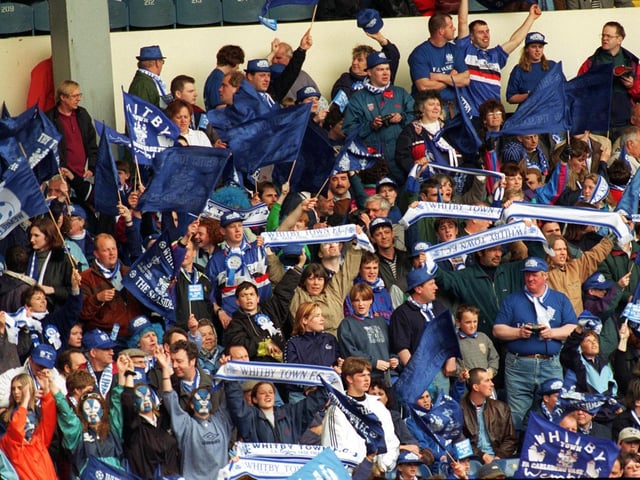 Whitby Town's fans celebrate winning the FA Vase after their team beat North Ferriby United 3-0 at Wembley in May 1997.