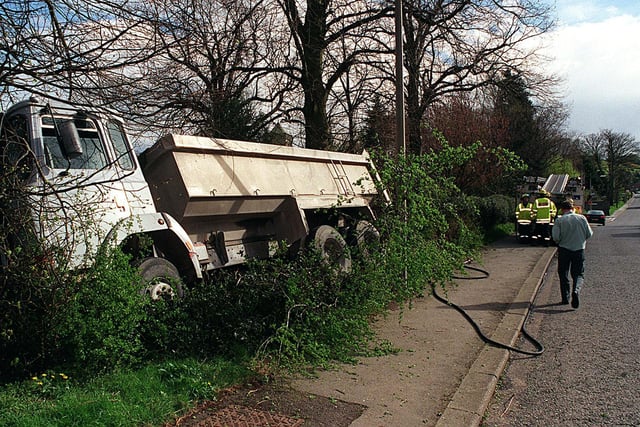 The driver of this lorry managed to stop his vehicle by steering it into a tree as he approached Sleights near Whitby down Blue Bank in April 1999. He escaped with a cut finger as the load of hardcore, intended for roadworks in the village just yards further on, partially slipped from the wagon and spilled out onto land on the road side.