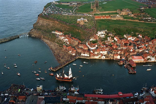 HMS Endeavour arrives in Whitby Harbour in May 1997.