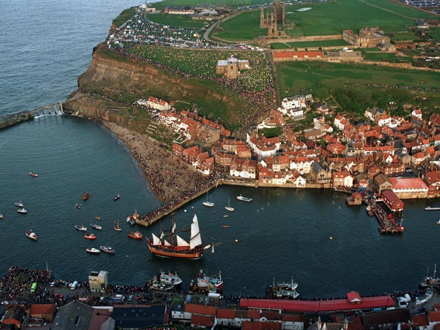 HMS Endeavour arrives in Whitby Harbour in May 1997.