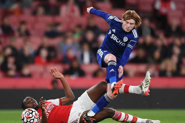 Leeds youngster Sean McGurk hurdles a challenge whilst playing Arsenal U23s last season (Photo by David Price/Arsenal FC via Getty Images)
