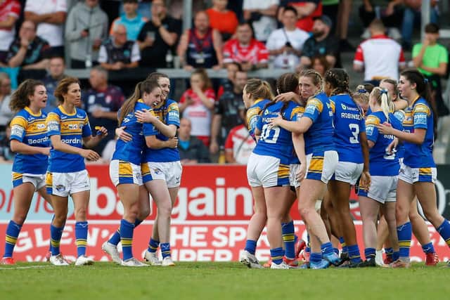 Leeds Rhinos Women celebrate their victory over St Helens last time out. PIcture: Ed Sykes/SWpix.com.