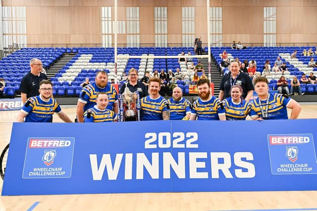 Leeds Rhinos Wheelchair celebrate their third-successive Challenge Cup final triumph following victory over Catalans Dragons in Hull on the weekend. Picture: Will Palmer/SWpix.com.