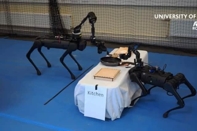 The operator used a gamepad to control the walking of the four-legged robotic dogs. Credit: Chengxu Zhou on YouTube