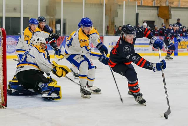 Jordan Griffin, pictured in action after his return from a broken finger late on in the 2021-22 NIHL National season. Picture courtesy of Leeds Knights