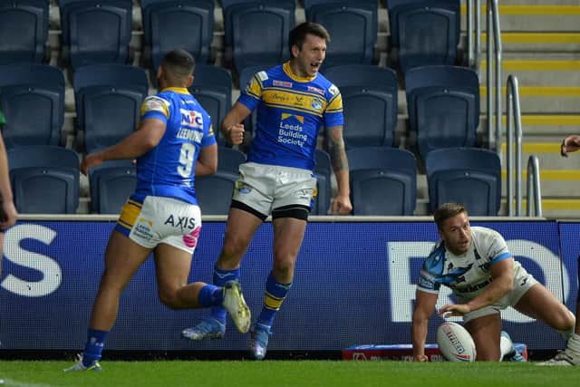 Tom Briscoe celebrates scoring against Toulouse. Picture by Bruce Rollinson.