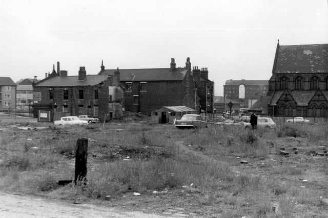 Land clearance at the rear of St. Patrick's Roman Catholic Church in 1964. In the centre old properties still stand including those in Moody's Yard and Lyndhurst Street. The land became the site of Agnes Stewart C. of E. High School.